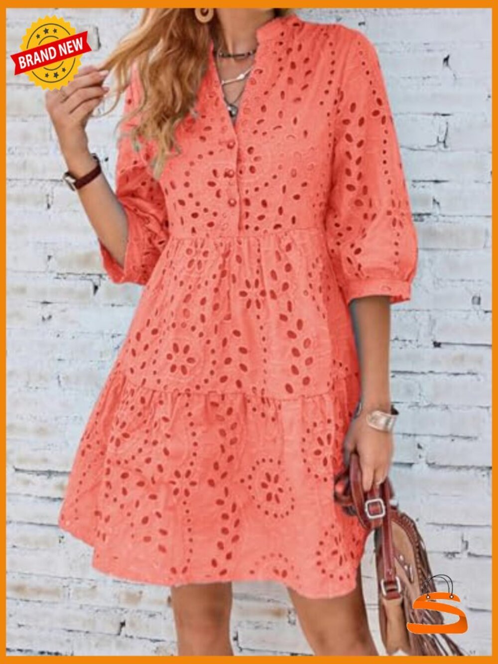 Eyelet Lace Midi Dress V Neck Puff 3/4 Sleeve Button Tiered A Line Sun Dress - Picture 3 of 6